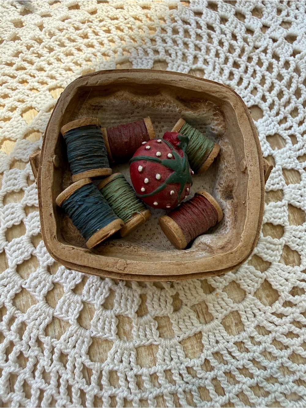Handmade Rustic Spool and Strawberry Pin Decorative Bowl - Red, Green, Navy